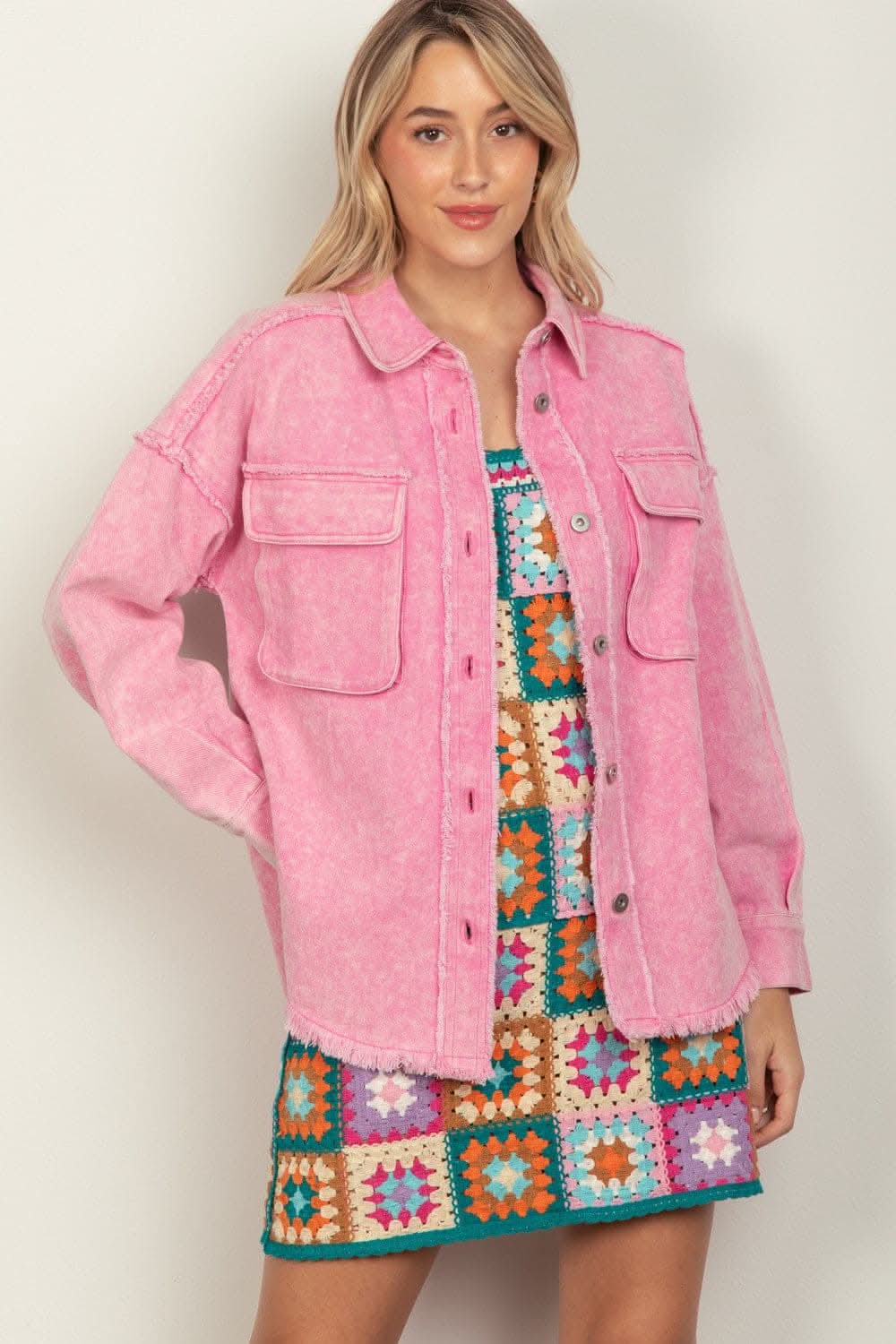 VERY J Full Size Button Up Raw Hem Long Sleeve Jacket - Love Salve